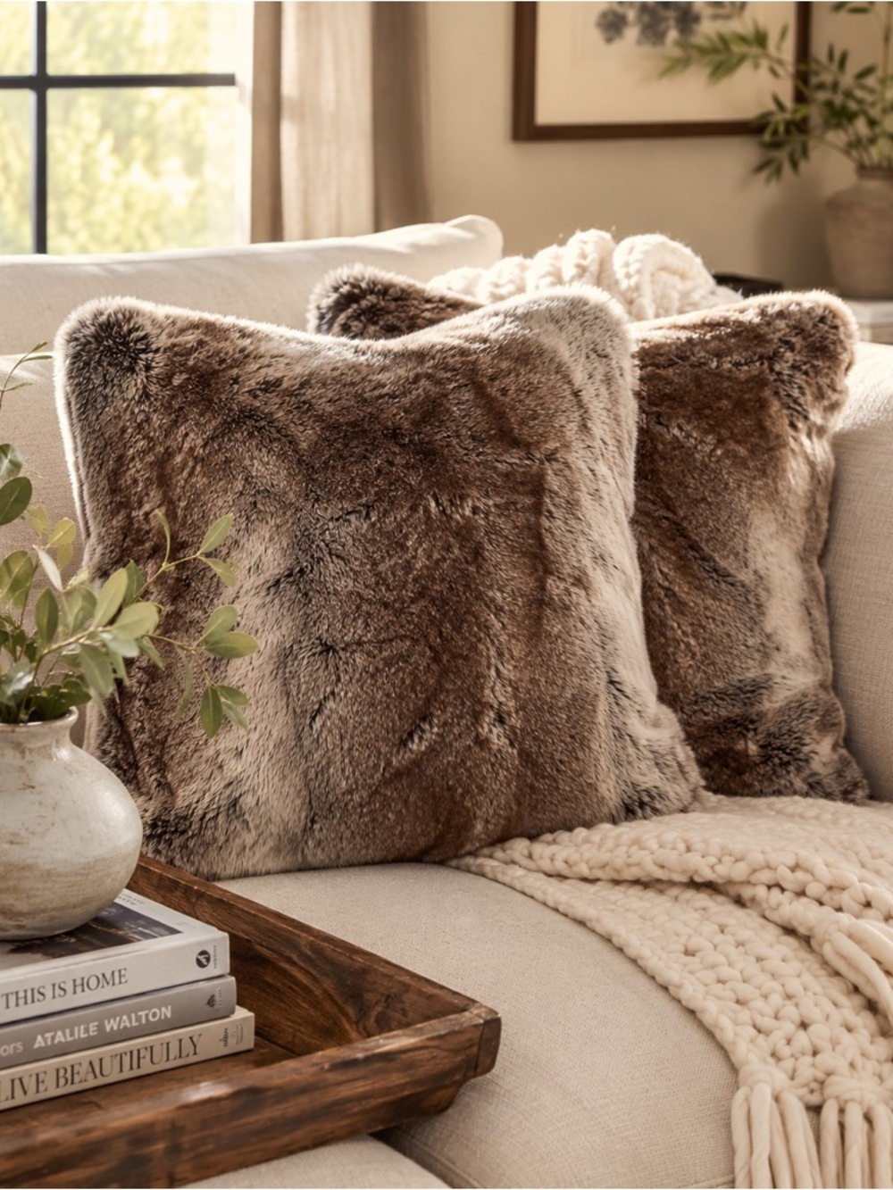 West Elm Faux Fur Pillow Covers Set of 2 20x20 Brown Frosted Mink Plush Throw